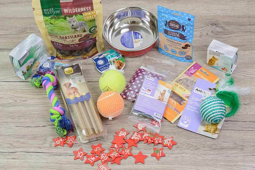 Verschiedene Haustierbedarf-Artikel wie Futternapf, Leckerlis, Spielzeuge und Zahnpflegeprodukte für Katzen und Hunde auf Holzboden.