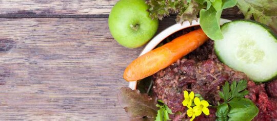 Frischer gesunder Salat mit Karotte, Gurkenscheibe, grünem Apfel, Kräutern und essbaren gelben Blüten in einer Schüssel auf rustikalem Holztisch.