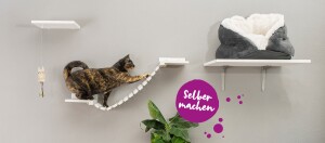 Tortoiseshell-Katze auf modernem DIY-Katzen-Klettersystem mit weißen Regalen, Hängebrücke und gemütlichem Katzenbett an grauer Wand.