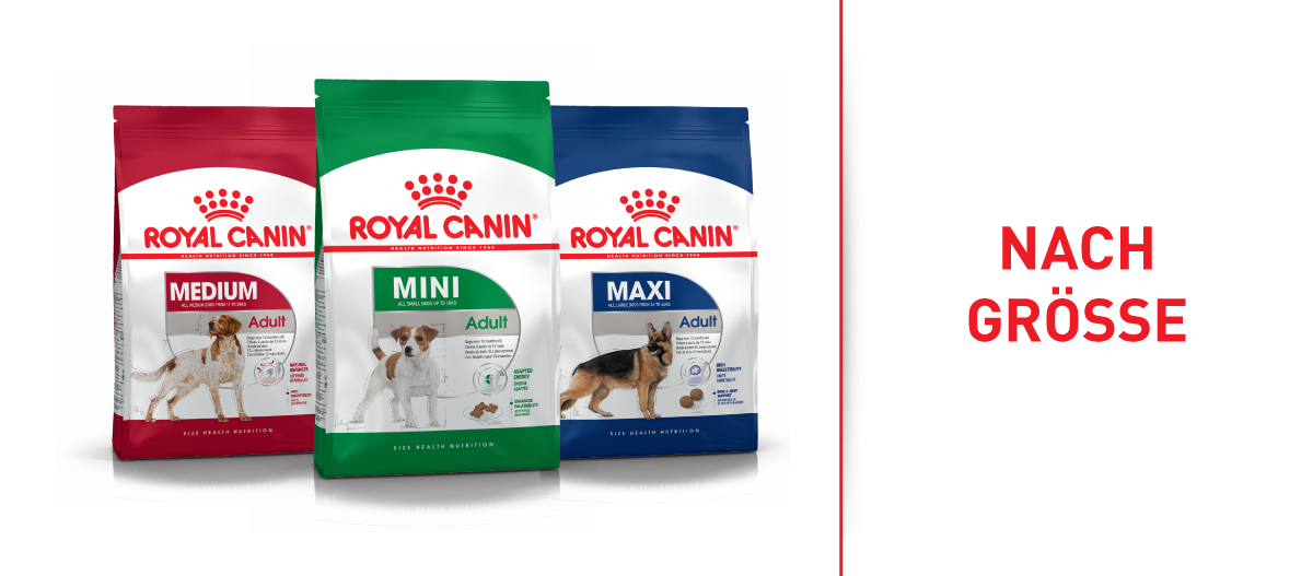 Royal Canin Hundefutterpakete für Mini-, Medium- und Maxi-Hundegrößen, speziell für erwachsene Hunde nach Größe sortiert