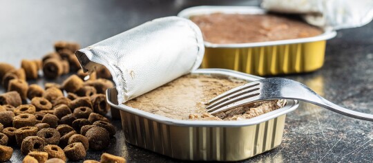 Geöffnete Dosen mit Nassfutter für Haustiere neben Trockenfutter-Kroketten auf dunklem Untergrund mit einer Gabel.