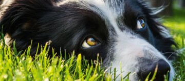 Nahaufnahme eines schwarz-weißen Border-Collie-Hundes, der auf grünem Gras liegt und mit ausdrucksvollen bernsteinfarbenen Augen nach oben schaut.