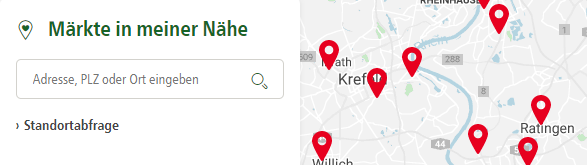 Suchfeld für Märkte in meiner Nähe mit Karte und Standortmarkierungen in Krefeld, Willich und Ratingen