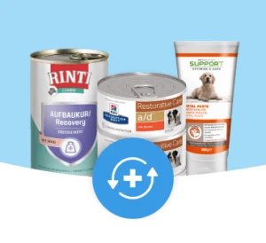 Drei verschiedene Hunde-Ergänzungs- und Erholungsprodukte – Rinti Canine Aufbaukost, Hill's Prescription Diet a/d Wiederherstellungspflege und Support Vital Paste.
