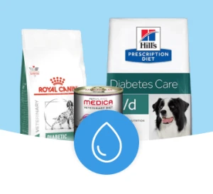 Veterinär diabetische Tiernahrung von Royal Canin, Medica und Hill's Prescription Diet mit Wassertröpfchen-Symbol