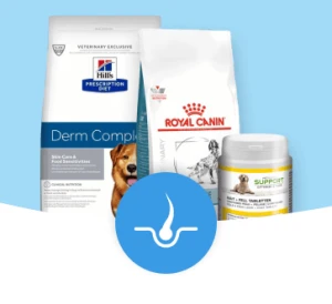 Hunde Hautpflegeprodukte Hill's Prescription Diet Derm Complete, Royal Canin Veterinary Diet und Support Plus Tabletten für gesunde Haut und Fell