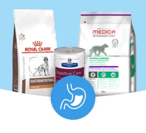 Verschiedene veterinärmedizinische Futtermittel für die Verdauungsgesundheit von Haustieren, einschließlich Royal Canin Gastrointestinal, Hill's Prescription Diet Digestive Care und Medica Hypoallergen.