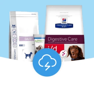 Verschiedene Tierpflegeprodukte inklusive Hill's Prescription Diet Digestive Care und Beruhigungsmittel für Hunde