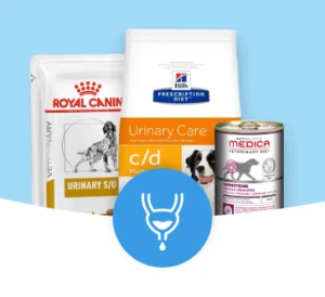 Verschiedene veterinärmedizinische Diäten für Hunde zur Unterstützung der Harnwegsgesundheit, einschließlich Royal Canin Urinary S/O, Hill's Prescription Diet c/d Multicare und Medica Veterinary Diet Nassfutter.