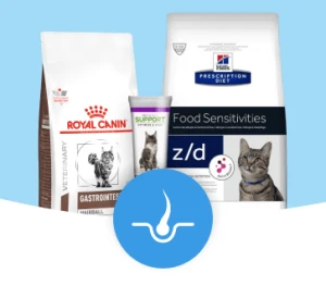 Verschiedene Spezialfuttermittel für Katzen mit Nahrungsmittelunverträglichkeiten und Haarballenproblemen