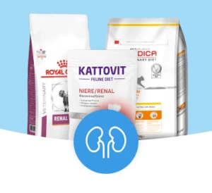 Veterinär-Diätfuttermittel für Nierengesundheit bei Haustieren von Kattovit, Royal Canin und Purina Pro Plan mit Nieren-Symbol