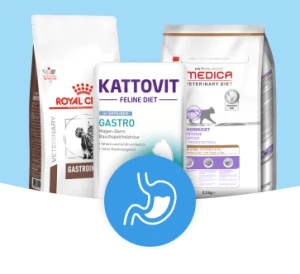 Veterinärdiät Katzenfutter für Magen-Darm-Gesundheit von Royal Canin, Kattovit und Medica mit Magen-Symbol