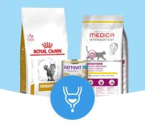 Veterinärdiät-Produkte für Katzen zur Unterstützung der Harnwegsgesundheit, einschließlich Royal Canin, Kattovit und Medica mit einem Symbol der Harnblase.