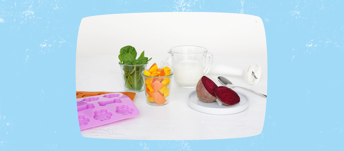 Gesunde Zutaten für einen Smoothie mit Spinat, Kürbis, Roter Beete, Milch und Eiswürfelformen auf weißem Hintergrund