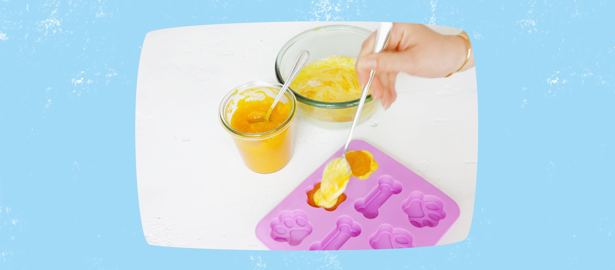 Hand füllt lila Silikonform mit hausgemachter gelb-orangefarbener Hundesnack-Mischung in Knochen- und Pfotenform