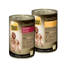 Zwei Dosen SELECT GOLD Sensitive Hundefutter, eine mit Rind und Reis, die andere mit Huhn und Reis, geeignet für erwachsene Hunde mit empfindlichem Magen.
