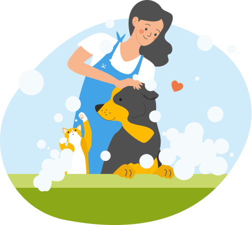 Frau wäscht glücklichen Hund im Freien, spielende Katze und Seifenblasen, liebevolle Haustierpflege