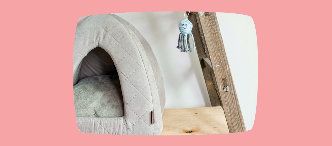 Gemütliches graues, gesteppte Haustierbett in Zeltform mit weichem Kissen und gehäkeltem blauem Oktopus-Spielzeug an einer Holzleiter