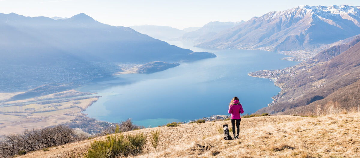 Panoramablick auf einen großen See, umgeben von Bergen, mit einer Person in einer pinken Jacke und einem Hund auf einem grasbewachsenen Hügel