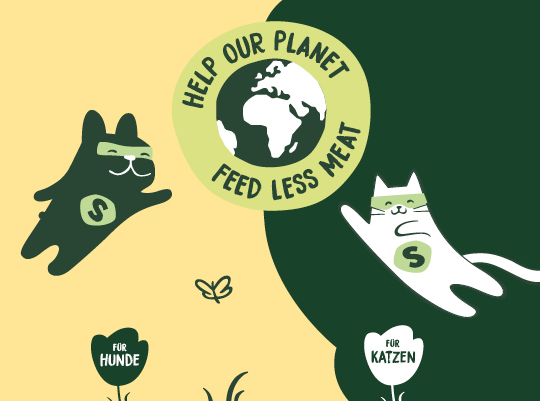 20230911_lay_NATG-Launch_Website_Asset_Image-Kachel_540x401px_mb Illustration mit einem Hund und einer Katze als Superhelden, die für den Umweltschutz werben mit dem Text „Help Our Planet Feed Less Meat“ und den Schildern „Für Hunde“ und „Für Katzen“.