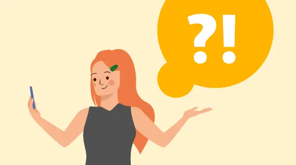 Illustration einer Frau mit rotem Haar, die ein Smartphone hält, und einer gelben Sprechblase mit Frage- und Ausrufezeichen, die Verwirrung ausdrücken.
