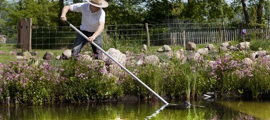 Mann mit Strohhut reinigt Gartenteich mit Kescher, umgeben von blühenden Pflanzen und Steinen