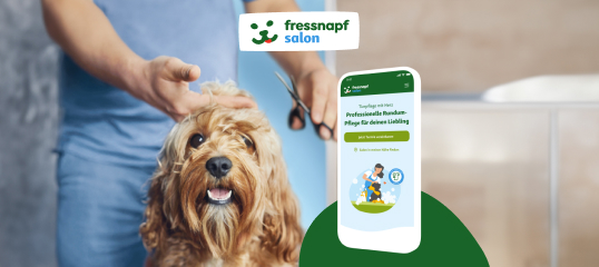 Hund wird professionell im Fressnapf Salon geschnitten, glücklicher brauner Hund beim Hundefriseur, mobile App für Tierpflege sichtbar