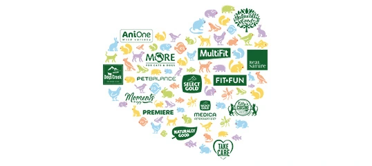 Verschiedene bunte Haustierfutter-Markenlogos in Form einer Pfote mit Silhouetten von Haustieren wie Hunden, Katzen, Vögeln und Kaninchen.