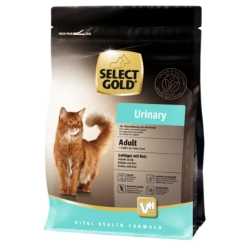 Ein Beutel Select Gold Urinary Katzenfutter mit einer flauschigen orangefarbenen Katze auf der Vorderseite, beschriftet mit "Erwachsene" und "Geflügel mit Reis."