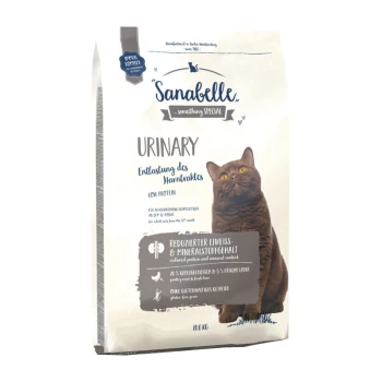 Sanabelle Urinary Katzenfuttertüte mit einer braunen Katze, beschriftet mit "Low Protein"
