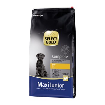 Schwarze Hundesilhouette auf einem Beutel Select Gold Complete Maxi Junior Hundefutter, mit Huhn als Hauptzutat.