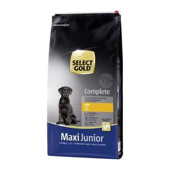 Schwarze Hundesilhouette auf einem Beutel Select Gold Complete Maxi Junior Hundefutter, mit Huhn als Hauptzutat.