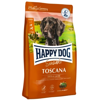 Ein Beutel Happy Dog Sensible Toscana Hundefutter mit einem schwarzen Hund auf der Vorderseite, mit Text, der angibt, dass es für Erwachsene ist, über 11 kg wiegt und Ente und Lachs enthält.