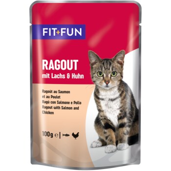 Katzenfutterbeutel mit einer getigerten Katze, beschriftet "FIT+FUN RAGOUT mit Lachs & Huhn" mit Übersetzungen in Französisch, Spanisch und Englisch.