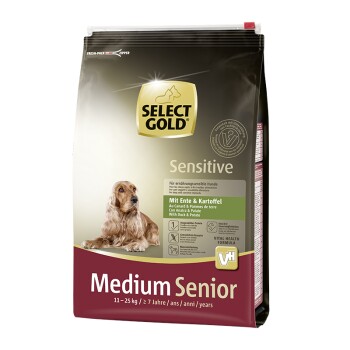Select Gold Sensitive Hundefuttertüte für mittelgroße Senioren-Hunde, mit einem Cocker Spaniel, mit Zutaten aus Ente und Kartoffel.