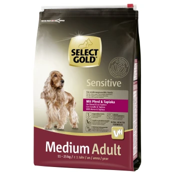Select Gold Sensitive Hundefutterbeutel, mit einer braunen Hundesilhouette, beschriftet mit "Medium Adult" für Hunde von 11-25 kg, mit Zutaten aus Pferd und Tapioka.