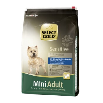Eine Tüte Select Gold Sensitive Hundefutter für Mini-Erwachsene, mit einem hellbraunen Hund auf der Vorderseite. Der Text enthält "Mit Wasserbüffel & Tapioka" und "Mini Adult 5-10 kg."