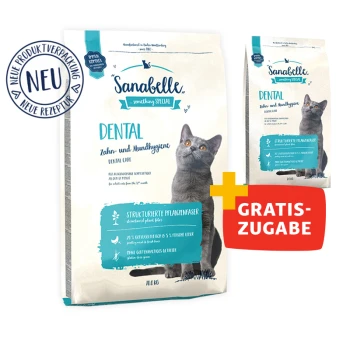 Verpackung des Sanabelle Dental Katzenfutters mit einer grauen Katze, mit Text, der die Vorteile der Zahnpflege und ein kostenloses Geschenkangebot hervorhebt.