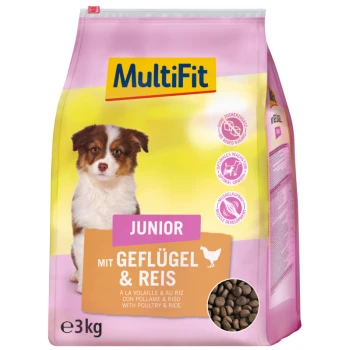 MultiFit Junior Hundefuttertasche, 3 kg, mit Geflügel und Reis. Enthält Texte: "Kein Zuckerzusatz", "Optimales Wachstum" und "Muskelentwicklung."