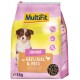 MultiFit Junior Hundefuttertasche, 3 kg, mit Geflügel und Reis. Enthält Texte: "Kein Zuckerzusatz", "Optimales Wachstum" und "Muskelentwicklung."