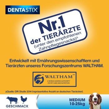 DentaStix Zahnpflegeleckereien für Hunde, beschriftet als "Nr.1 der Tierärzte," entwickelt mit Tierärzten, geeignet für mittelgroße Hunde (10-25 kg).