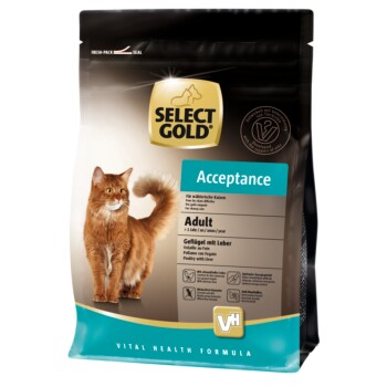 Katzenfutterbeutel mit einer flauschigen orangefarbenen Katze, mit der Aufschrift "SELECT GOLD Acceptance", für erwachsene Katzen, mit Geflügel- und Leberzutaten.