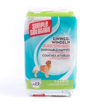 Packung mit Simple Solution Einweg-Hundewindeln, beschriftet mit 'X-LARGE' mit 12 Einheiten, mit einem golden retriever, der eine Windel trägt.