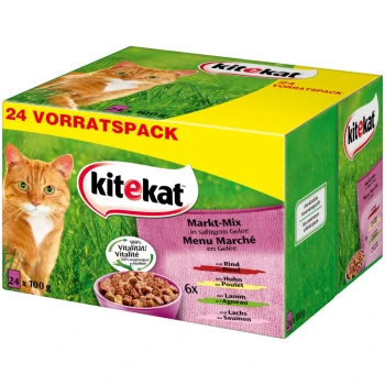 Kitekat Katzenfutterpackung mit 24 x 100g Portionen, mit einer Mischung aus Rind, Huhn, Lamm und Lachs in Gelee, und einer Katze auf der Verpackung.