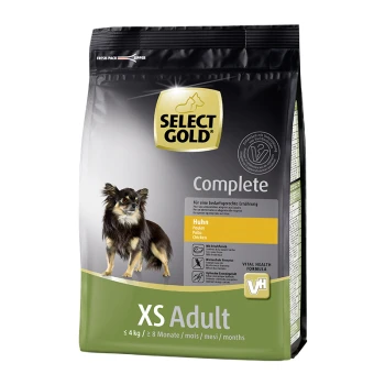Select Gold Complete Hundefuttertüte für XS Erwachsene Hunde, mit einem kleinen Hund auf der Vorderseite, mit "Huhn" (Hähnchen) hervorgehoben.
