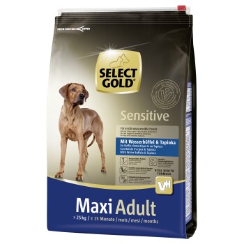 Wählen Sie die Select Gold Sensitive Hundefutter-Tüte mit einer braunen Hundesilhouette. Der Text hebt "Mit Wasserbüffel & Tapioka" und "Maxi Adult" für Hunde über 25 kg hervor.