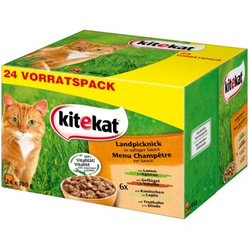 Kitekat Katzenfutterbox mit einer roten Katze, beschriftet mit "24 Vorratspack," die 24 x 100g Portionen "Landpicknick" in Sauce mit Lamm, Geflügel, Kaninchen und Pute enthält.