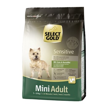 Tüte mit Select Gold Sensitive Hundefutter, mit einem grünen und braunen Design, beschriftet mit "Mit Ente & Kartoffel" und "Mini Adult" für Hunde von 5-10 kg.