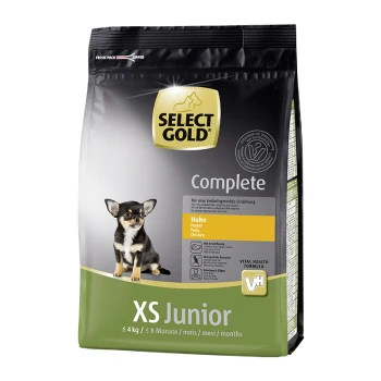 Select Gold Complete XS Junior Hundefutterbeutel, mit einem kleinen Chihuahua auf der Vorderseite, beschriftet mit "Huhn" und "Vital Health Formula."