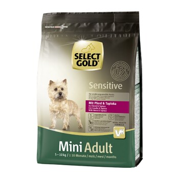 Select Gold Sensitive Hundefutterbeutel, mit "Mit Pferd & Tapioka" (mit Pferd & Tapioka) und "Mini Adult"-Label für Hunde von 5-10 kg.